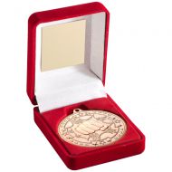Red Velvet Box And Bronze Martial Arts Medal Trophy - 3.5in