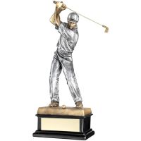 Bronze Pewter Back Swing Golfer On Black Base Trophy Award - 14in