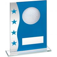 Blue Silver Printed Glass Plaque With Golf Ball Image Trophy Award - 8in