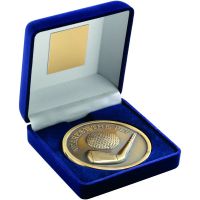 Blue Velvet Box And Antique Gold Nearest The Pin Golf Medal Trophy - 4in