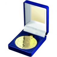 Blue Velvet Box And Medal Horse Trophy Gold 3.5in