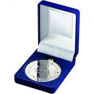 Blue Velvet Box And Medal Horse Trophy Silver 3.5in