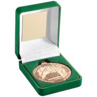 Green Velvet Box And Bronze Gaelic Football Medal Trophy - 3.5in