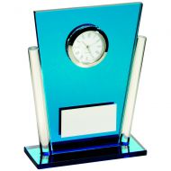 Blue Clear Glass Tapered Rectangle Clock Trophy - 5.25in