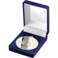 Blue Velvet Box And Medal Cycling Trophy Silver 3.5in