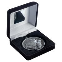 Black Velvet Box And 60mm Medal Football Trophy Antique Silver 4in - New 2019