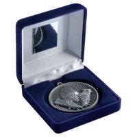 Blue Velvet Box And 60mm Medal Rugby Trophy Antique Silver 4in - New 2019