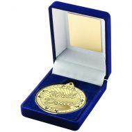 Blue Velvet Box And Gold 50mm Medal Well Done Trophy 3.5in - New 2019