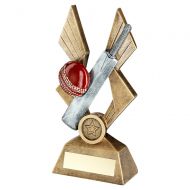 Bronze-Pewter-Red Cricket Ball And Bat On Pointed Backdrop With Plate - 8in - New 2022