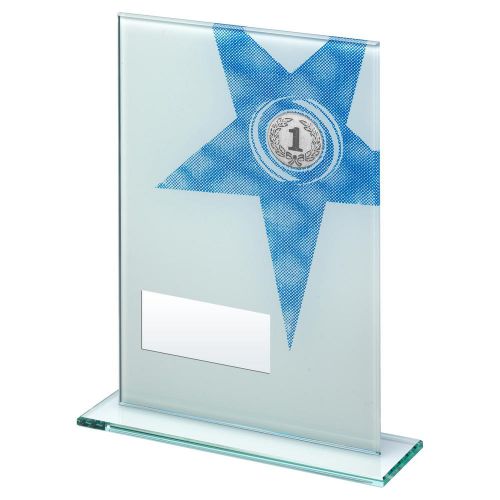 BLUE/SILVER PRINTED GLASS PLAQUE WITH GAELIC FOOTBALL IMAGE TROPHY 7.25in