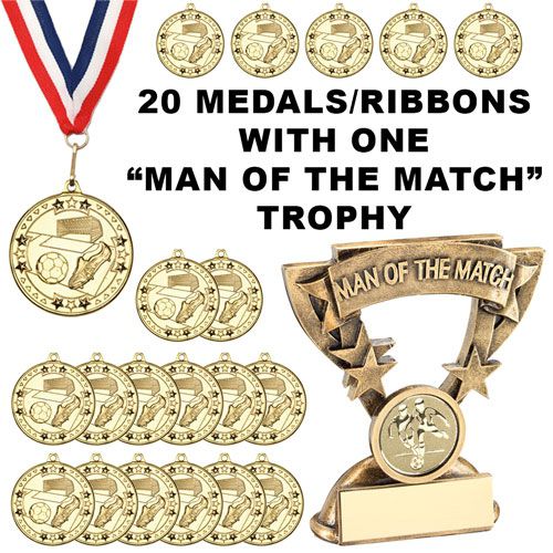 10/25/50/100 Football Man of the Match Medals with FREE RIBBONS 51 COLOURS! 